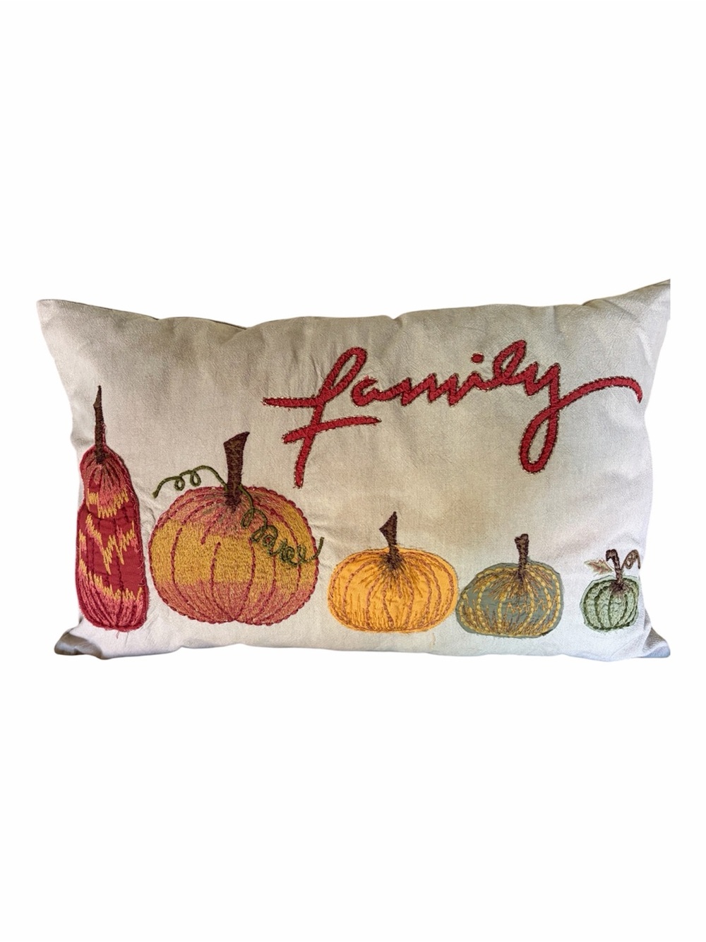 Family Embroidered Pumpkin Accent Pillow - Neutral with Orange and Green